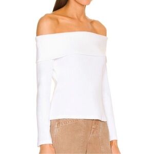 Veronica Beard White Ribbed Off The Shoulder Long Sleeve Top Size Large